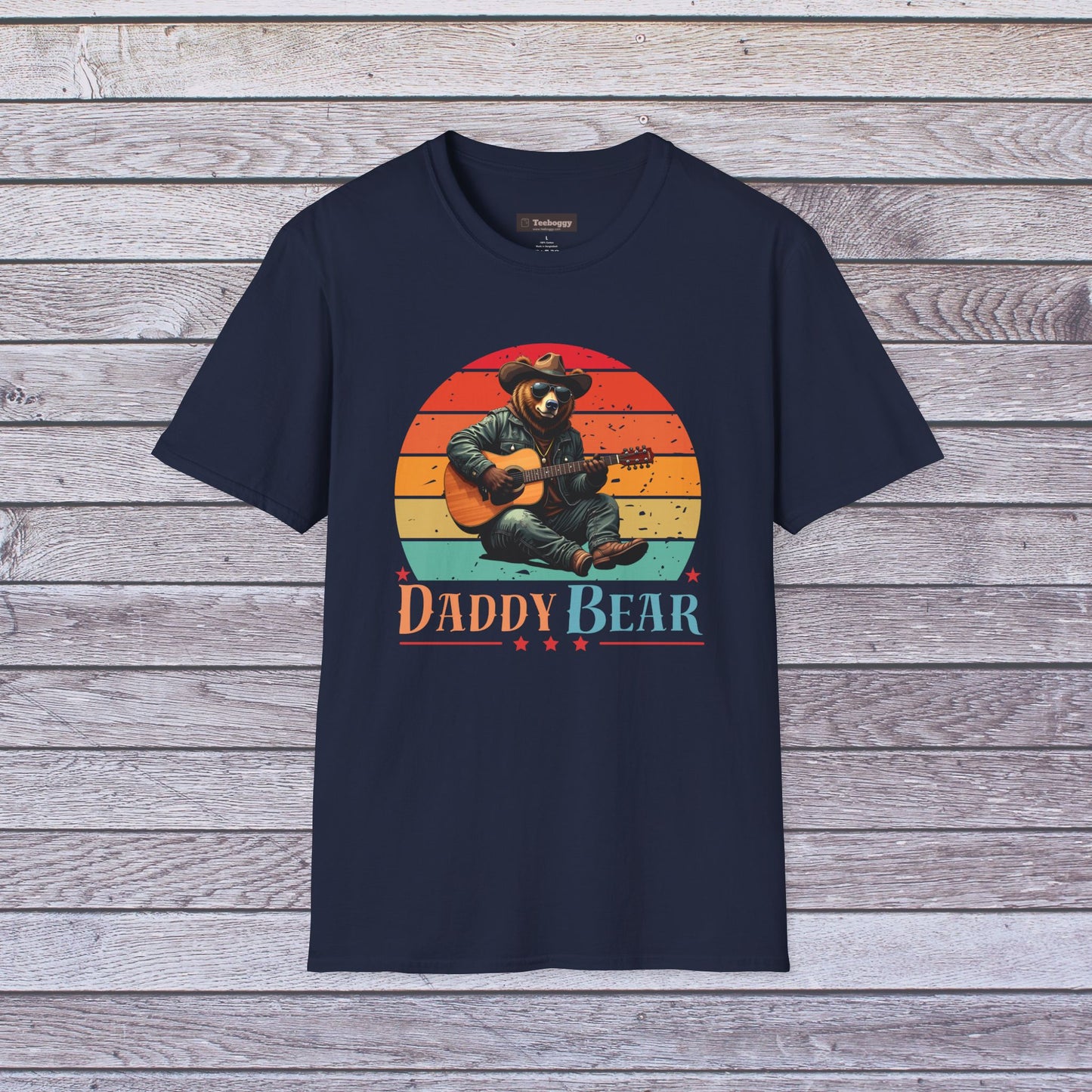 Daddy Bear T-Shirt — Grizzly Dad Playing Acoustic Guitar Retro Sun Design