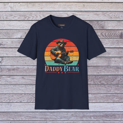 Daddy Bear T-Shirt — Grizzly Dad Playing Acoustic Guitar Retro Sun Design