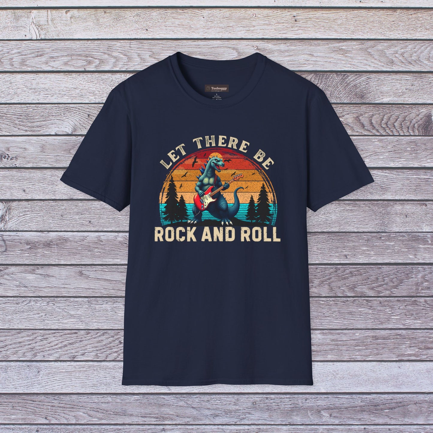 Rock & Roll Dinosaur T-Shirt — "Let There Be Rock and Roll" Guitar Dino Tee