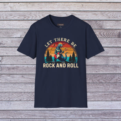 Rock & Roll Dinosaur T-Shirt — "Let There Be Rock and Roll" Guitar Dino Tee