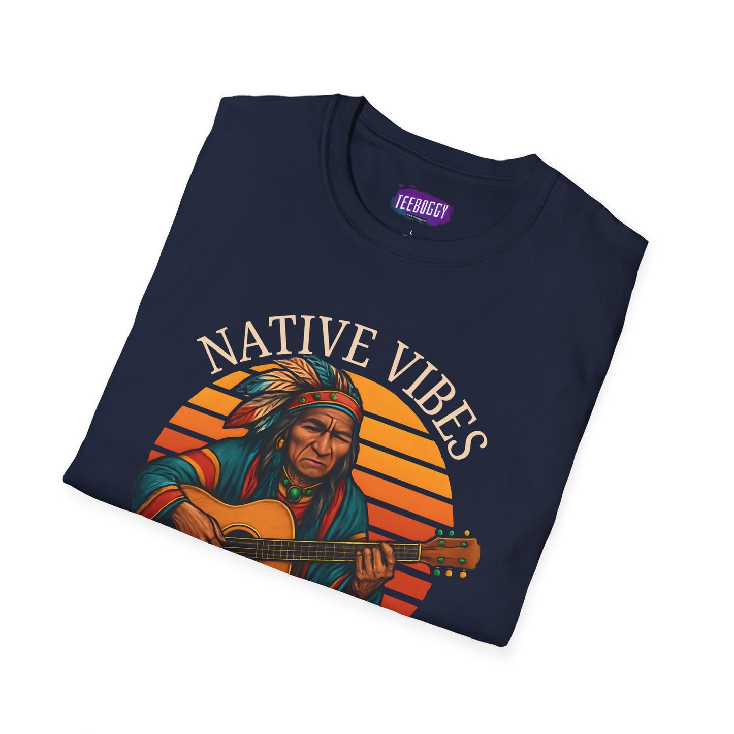 Native Vibes Softstyle T-Shirt with Elder Native American Playing Guitar