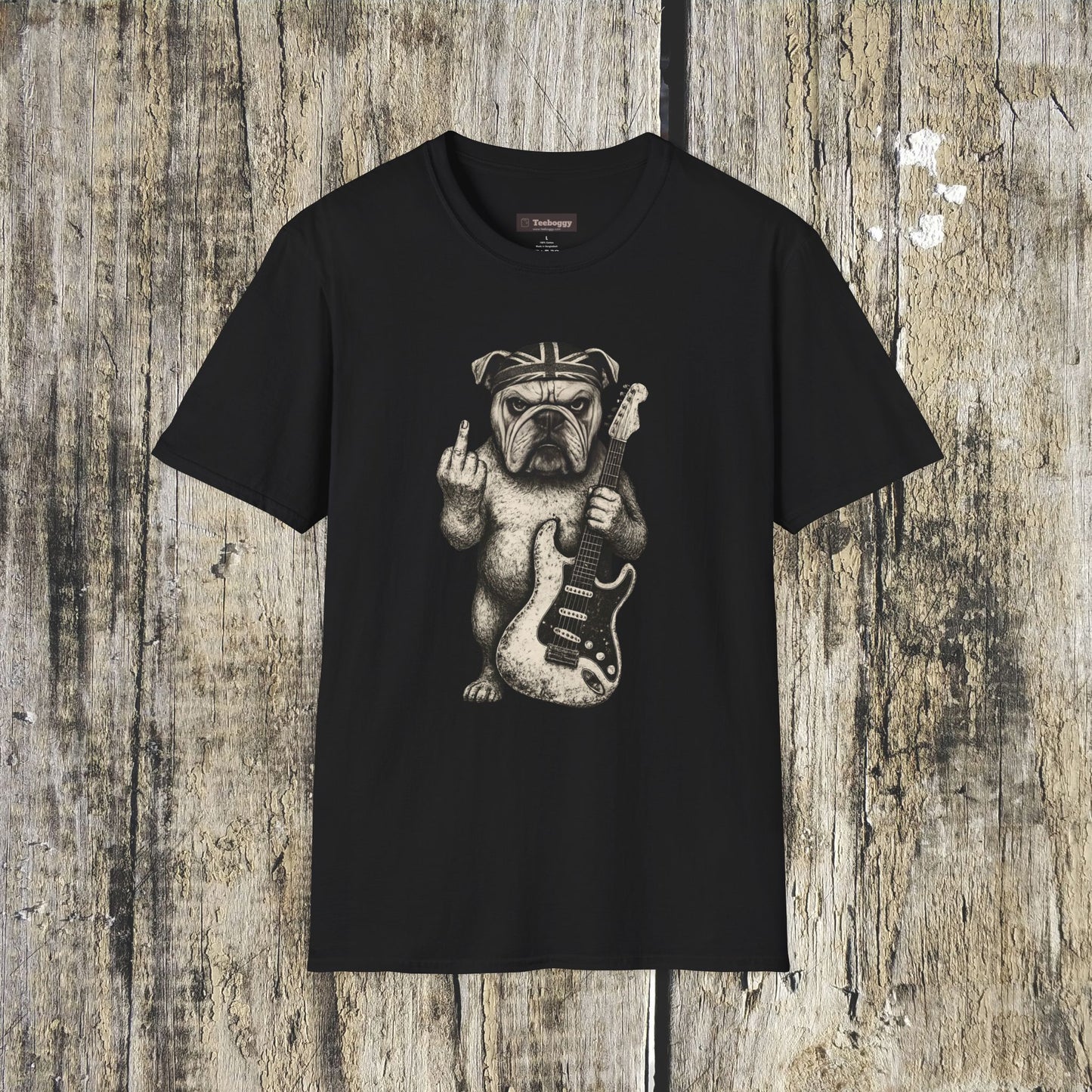 Bulldog Rock Rebel T-Shirt — Guitar-Slinging Middle Finger Design