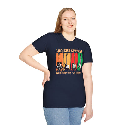 Rock Guitar T‑Shirt — "Choices Choices, Which Beauty for Today" Retro Guitar Types