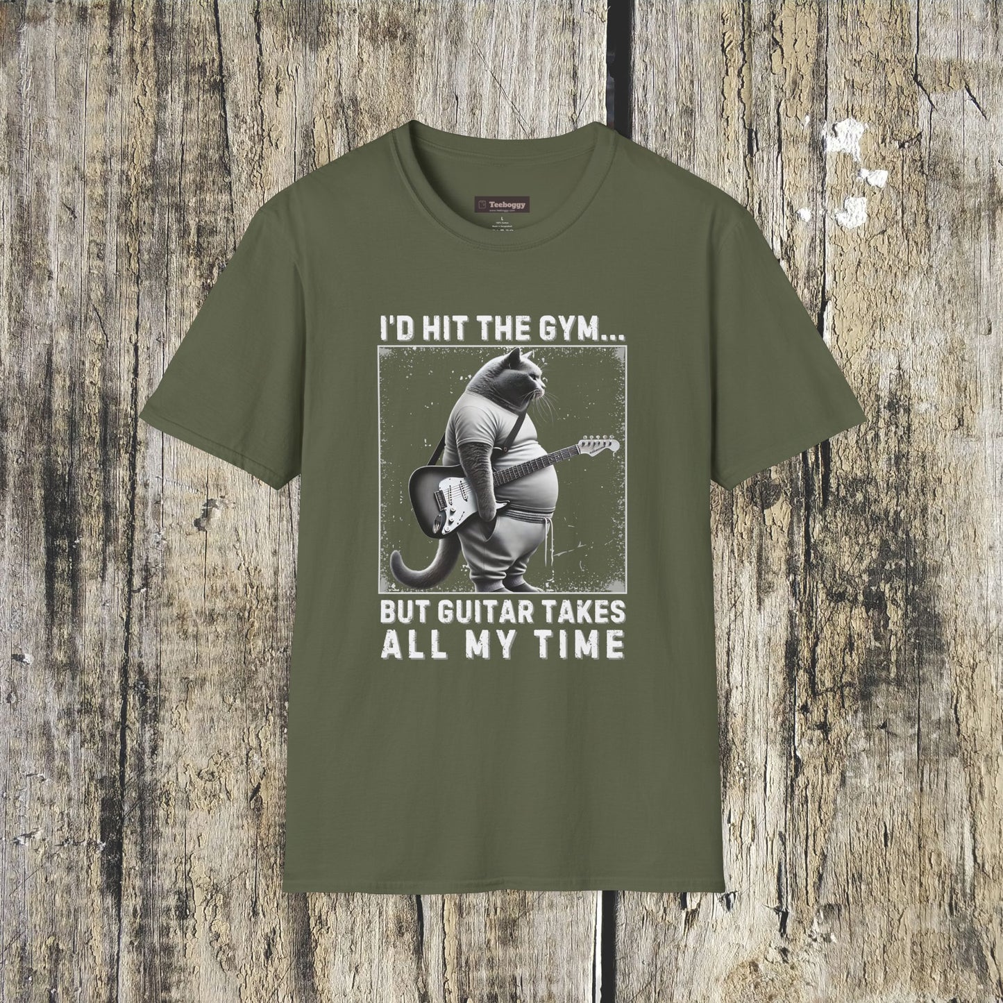 Fat Cat Guitarist T-Shirt — "I'd Hit the Gym, But Guitar Takes All My Time" Humorous Tee