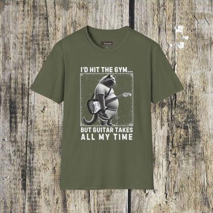 Fat Cat Guitarist T-Shirt — "I'd Hit the Gym, But Guitar Takes All My Time" Humorous Tee