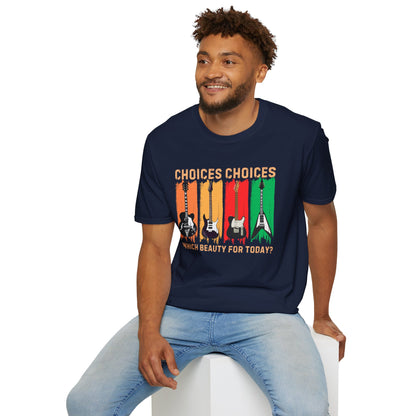 Rock Guitar T‑Shirt — "Choices Choices, Which Beauty for Today" Retro Guitar Types