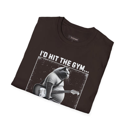 Fat Cat Guitarist T-Shirt — "I'd Hit the Gym, But Guitar Takes All My Time" Humorous Tee