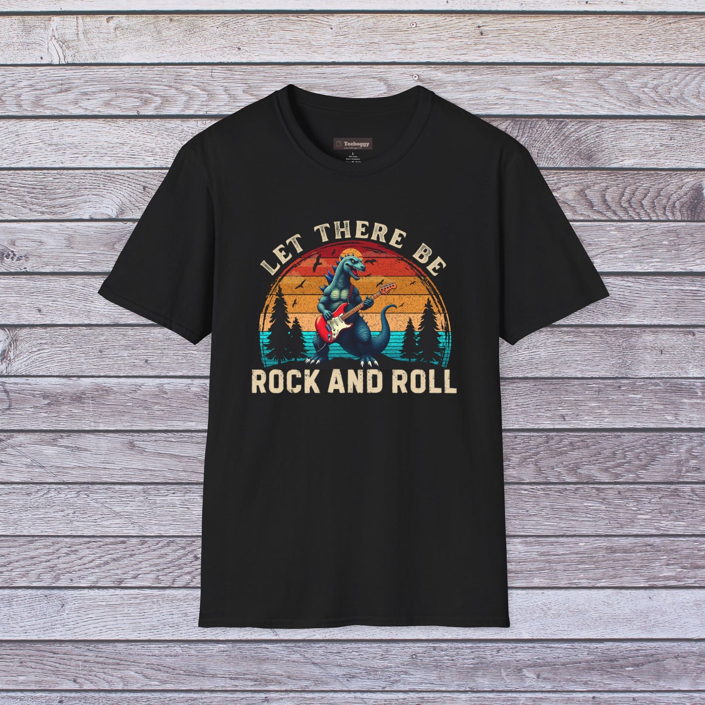 Rock & Roll Dinosaur T-Shirt — "Let There Be Rock and Roll" Guitar Dino Tee