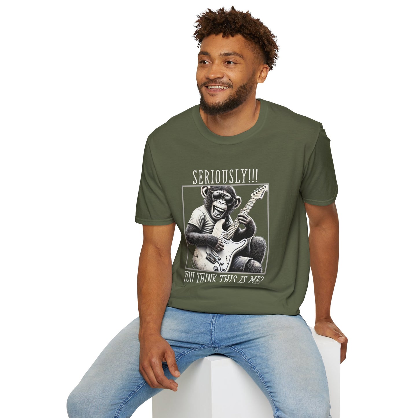 Chimpanzee Guitar T-Shirt — "Seriously!!! You Think This Is Me?"