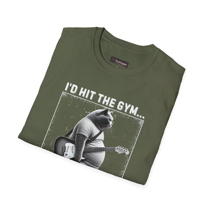 Fat Cat Guitarist T-Shirt — "I'd Hit the Gym, But Guitar Takes All My Time" Humorous Tee