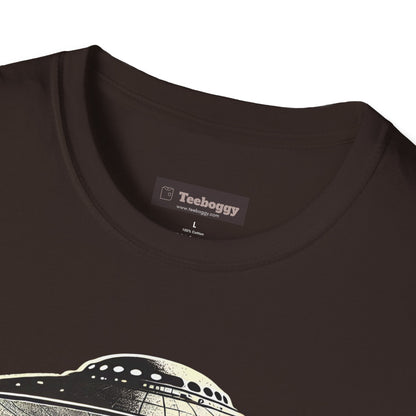 Bigfoot Guitar Tee — UFO Searchlight Humorous Sasquatch T-Shirt