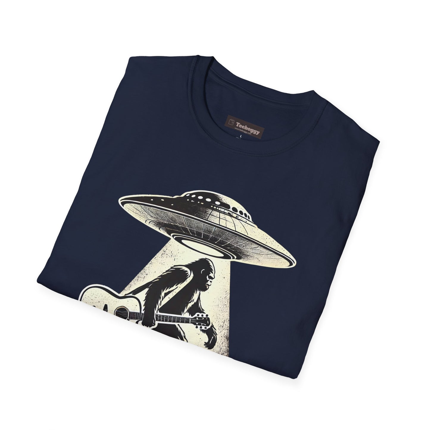 Bigfoot Guitar Tee — UFO Searchlight Humorous Sasquatch T-Shirt