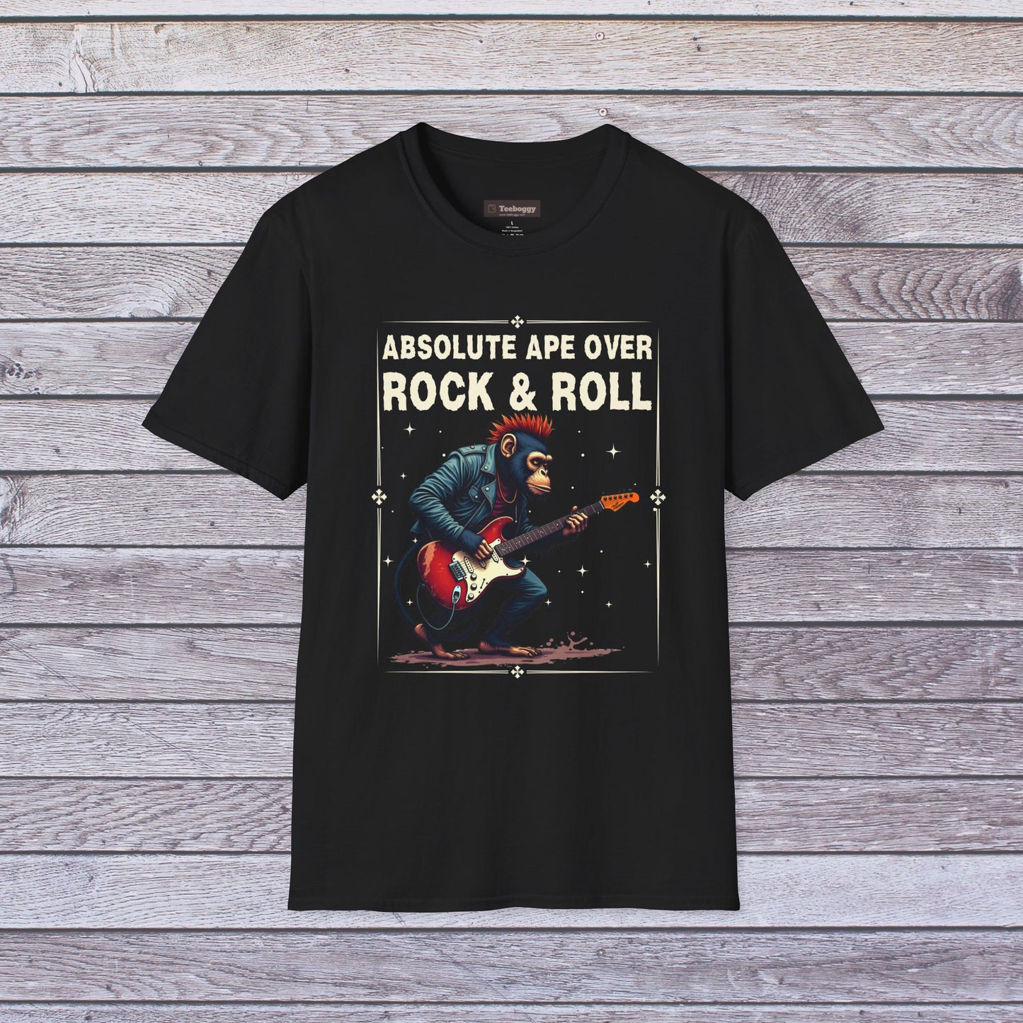 Rocker Chimp T-Shirt — "Absolute Ape, Over Rock and Roll"