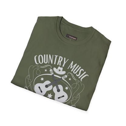 Country Music Whisky Label T-Shirt — Guitars, Grit & Cowboy Hat