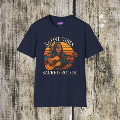 Native Vibes Softstyle T-Shirt with Elder Native American Playing Guitar