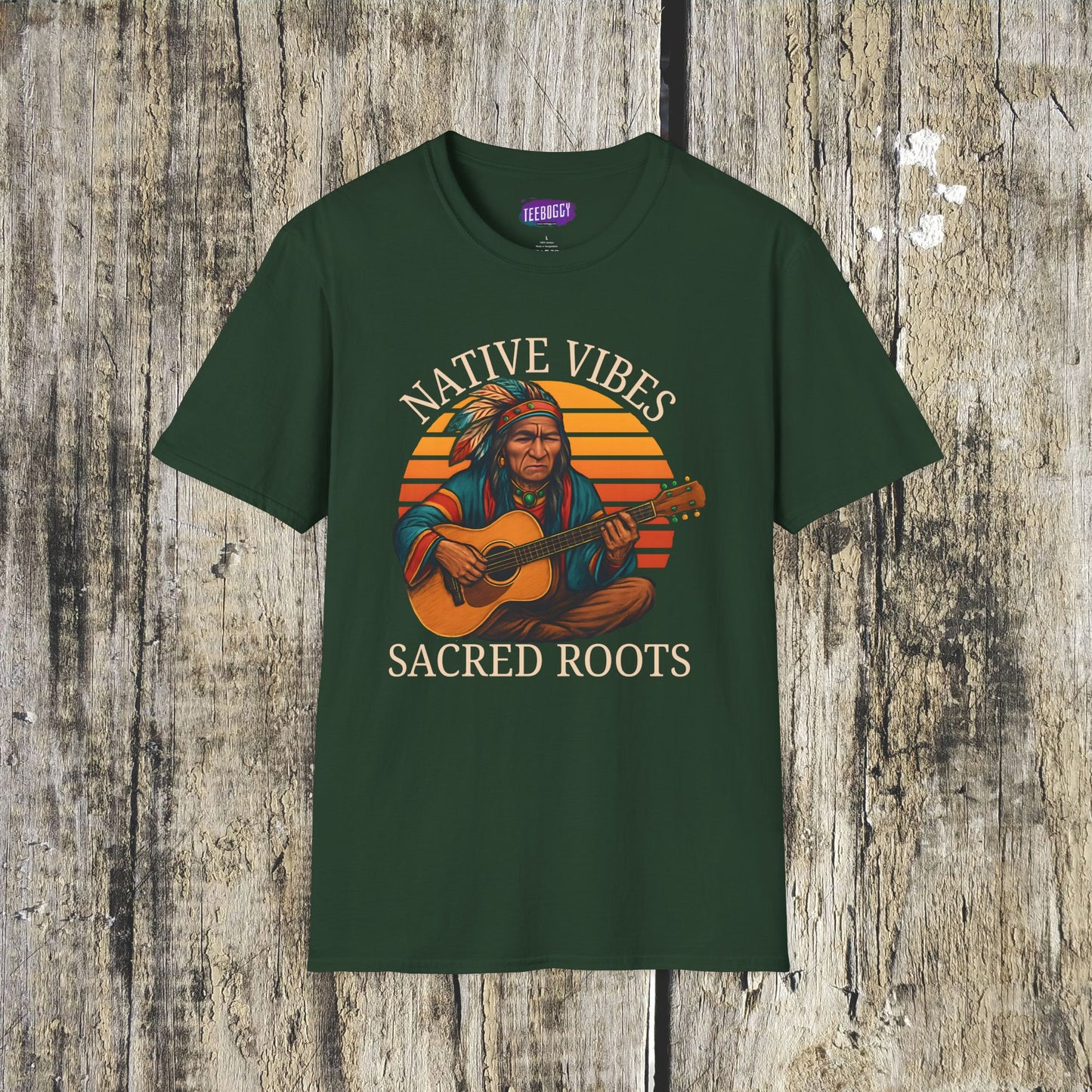 Native Vibes Softstyle T-Shirt with Elder Native American Playing Guitar