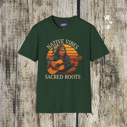 Native Vibes Softstyle T-Shirt with Elder Native American Playing Guitar