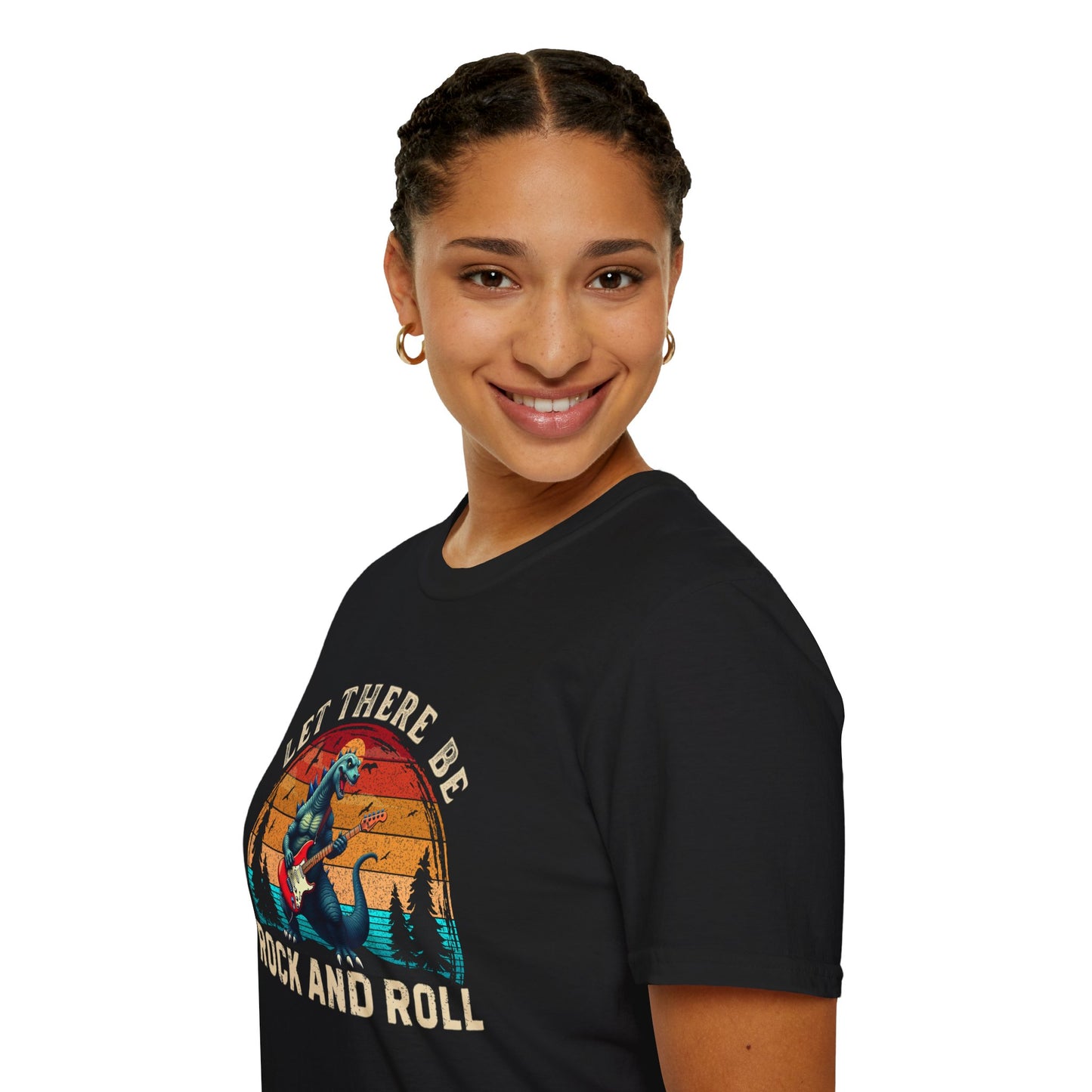Rock & Roll Dinosaur T-Shirt — "Let There Be Rock and Roll" Guitar Dino Tee