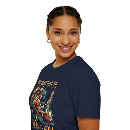Girls Just Love to Rock & Roll T-Shirt — Female Guitarist Rock Tee