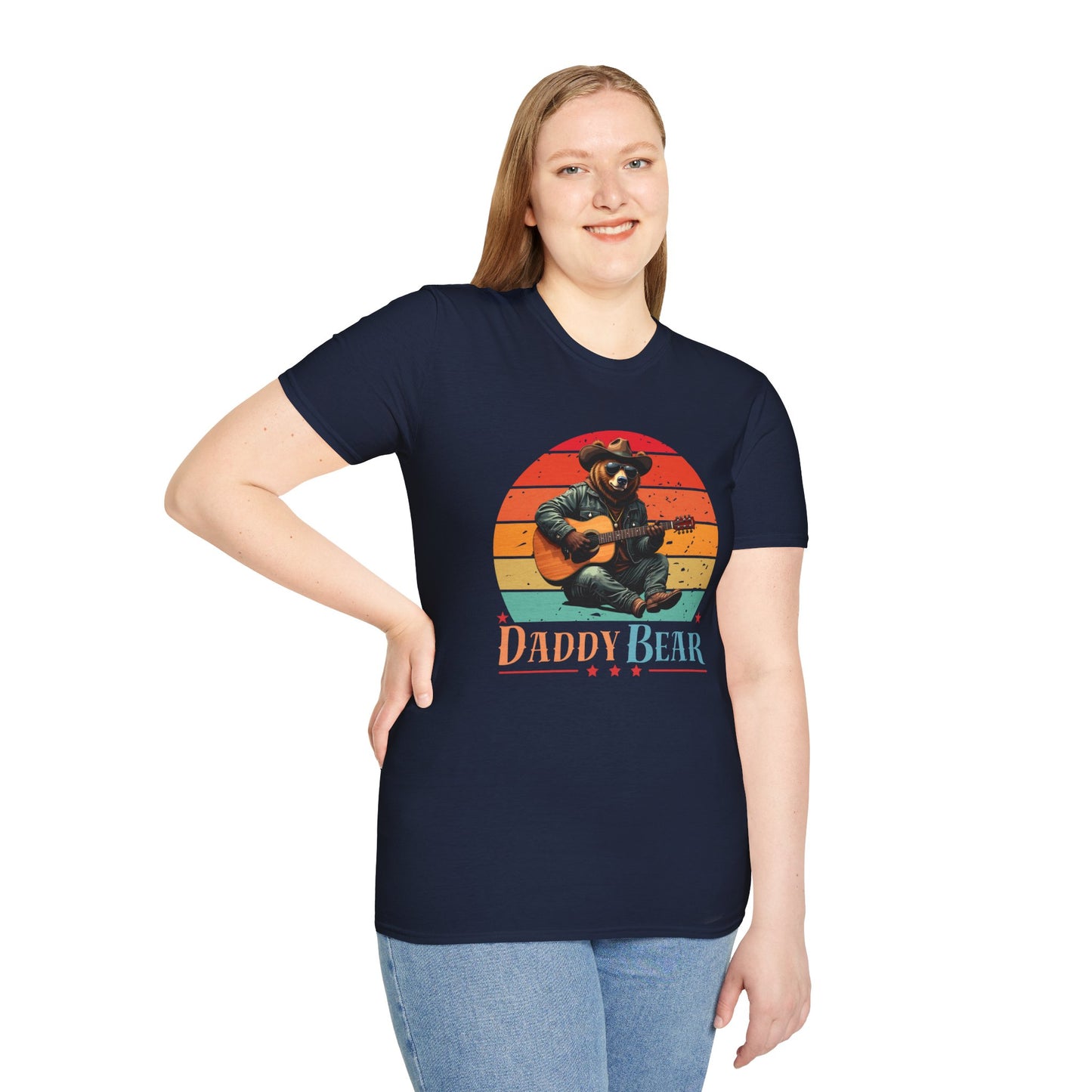 Daddy Bear T-Shirt — Grizzly Dad Playing Acoustic Guitar Retro Sun Design