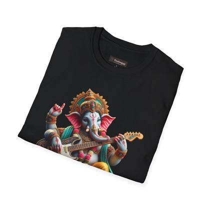 Ganesh Playing Electric Guitar T-Shirt — Woodstock Vibes Spiritual Rock Tee
