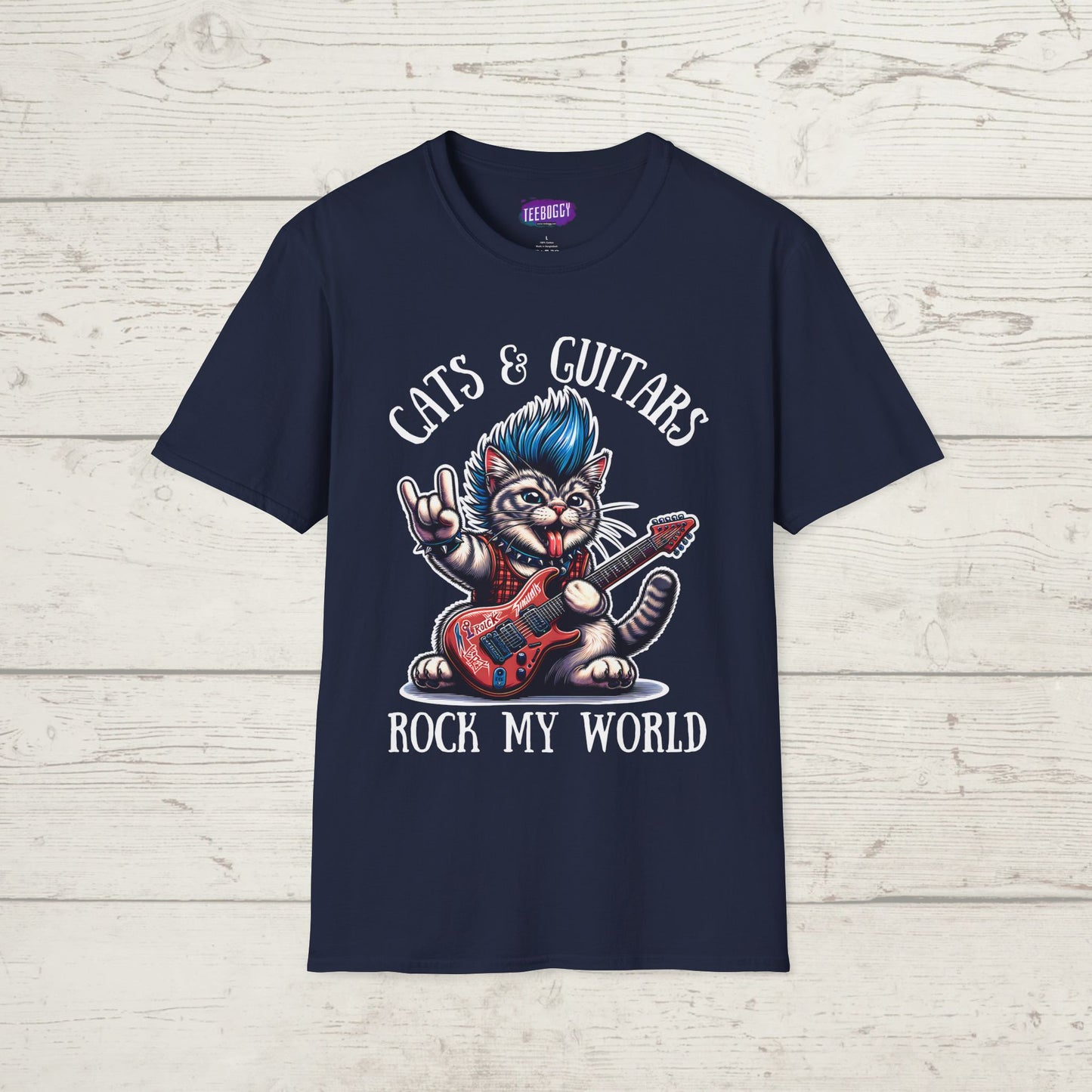 Rocker Cat T-Shirt with 'Cats & Guitars Rock My World' Slogan