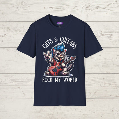 Rocker Cat T-Shirt with 'Cats & Guitars Rock My World' Slogan