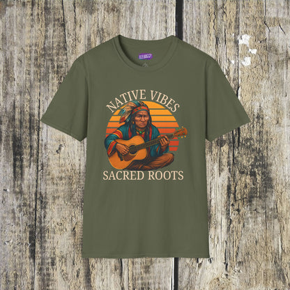Native Vibes Softstyle T-Shirt with Elder Native American Playing Guitar