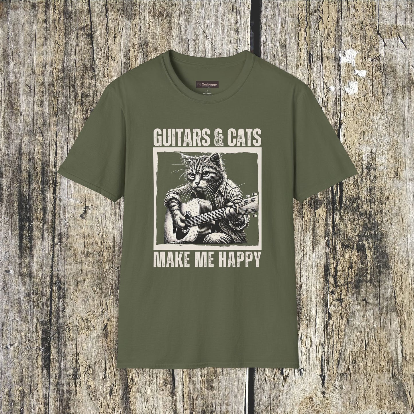 Guitars & Cats Make Me Happy T-Shirt — Cool Cat Playing Guitar Tee