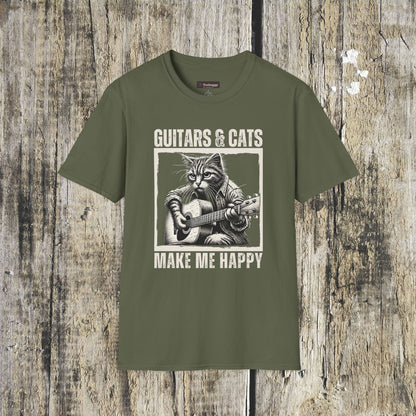 Guitars & Cats Make Me Happy T-Shirt — Cool Cat Playing Guitar Tee