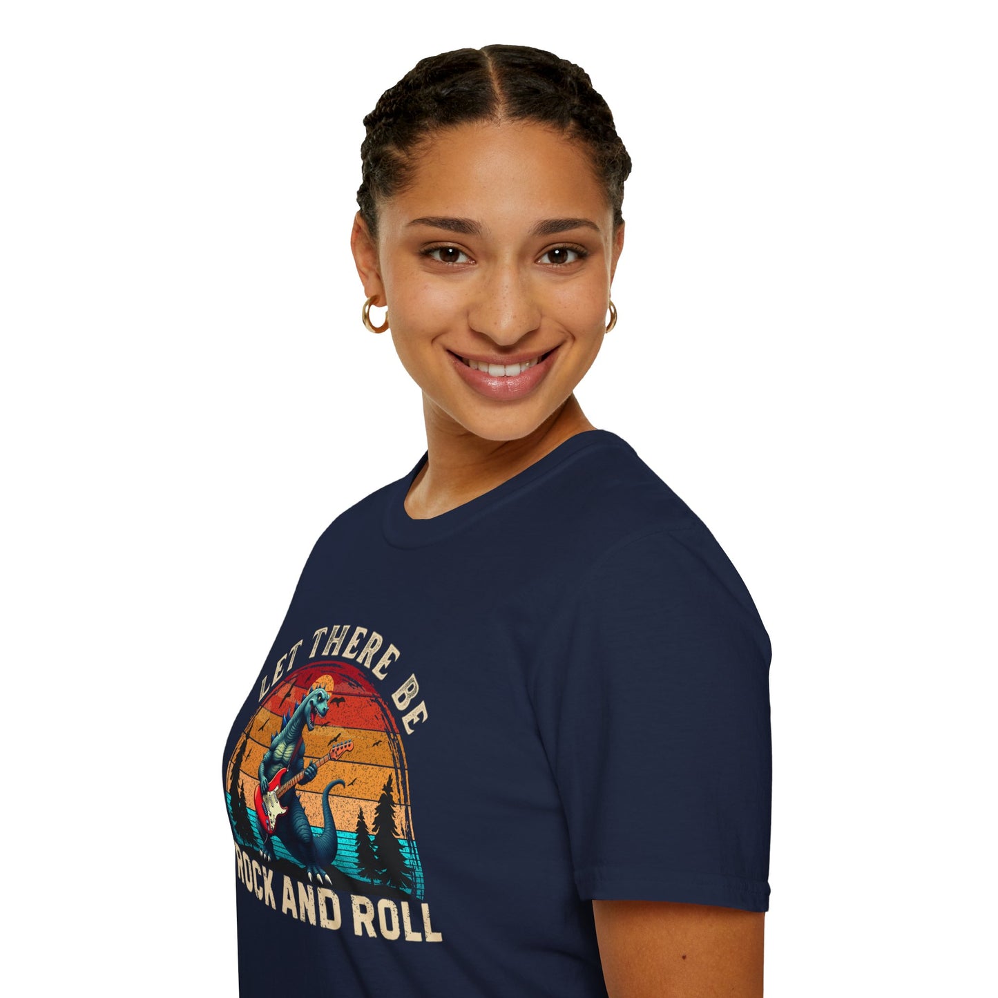 Rock & Roll Dinosaur T-Shirt — "Let There Be Rock and Roll" Guitar Dino Tee