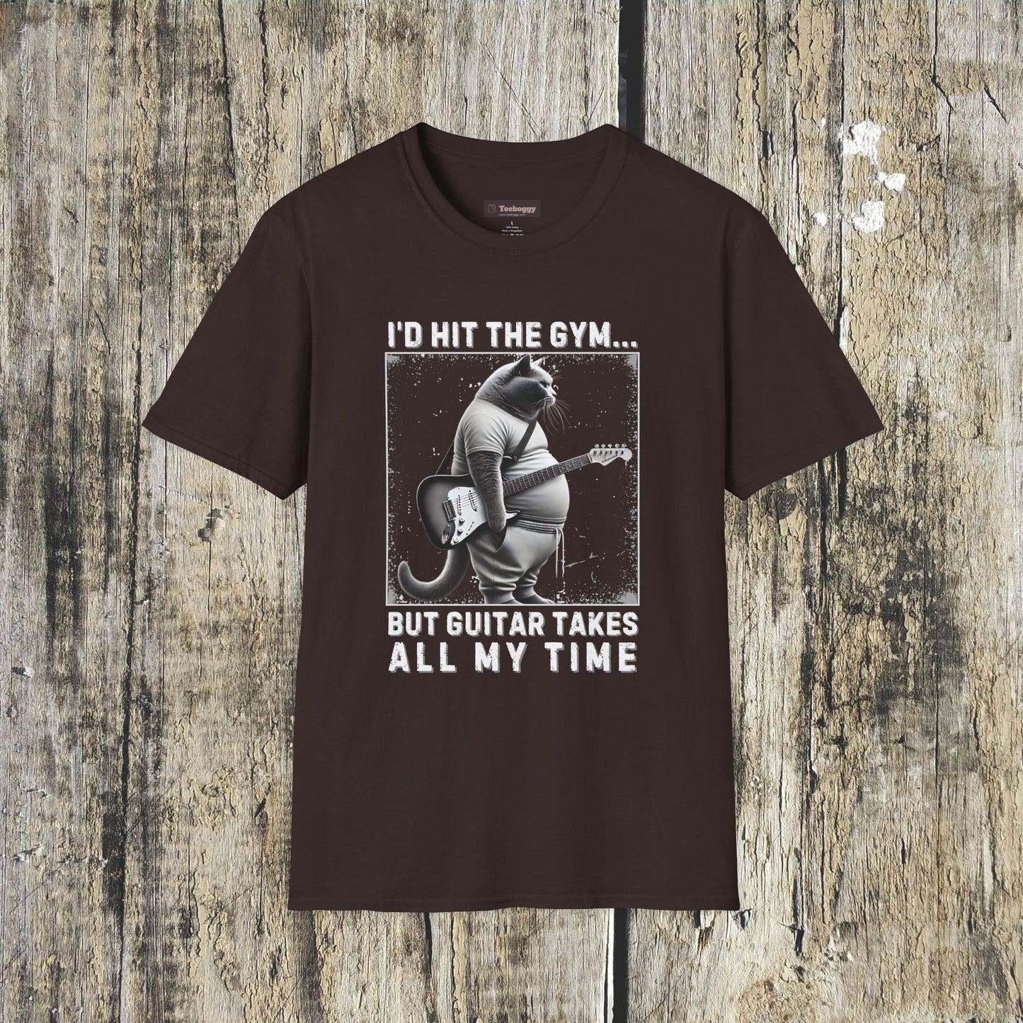 Fat Cat Guitarist T-Shirt — "I'd Hit the Gym, But Guitar Takes All My Time" Humorous Tee