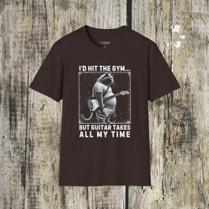 Fat Cat Guitarist T-Shirt — "I'd Hit the Gym, But Guitar Takes All My Time" Humorous Tee