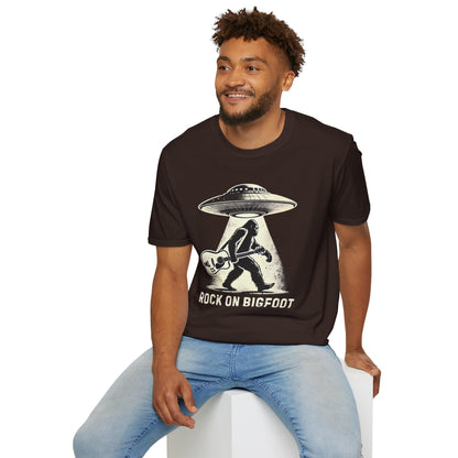 Bigfoot Guitar Tee — UFO Searchlight Humorous Sasquatch T-Shirt