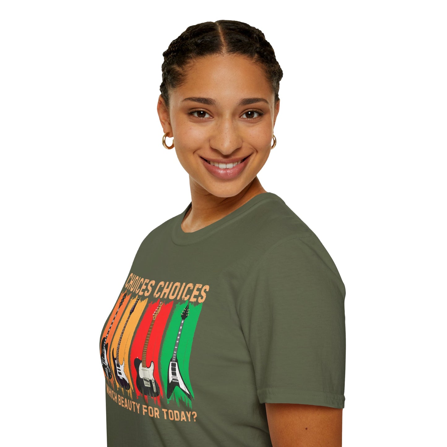 Rock Guitar T‑Shirt — "Choices Choices, Which Beauty for Today" Retro Guitar Types