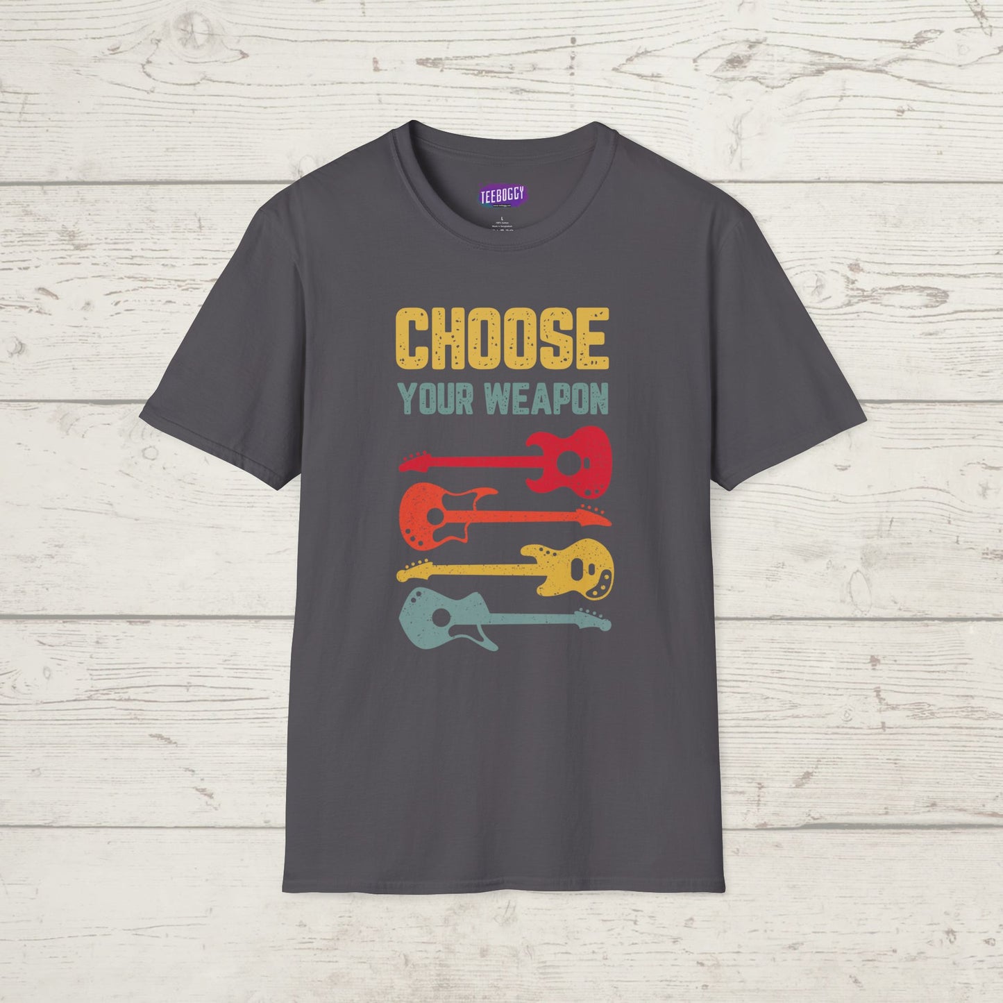Guitar T-Shirt with 'Choose Your Weapon' Slogan