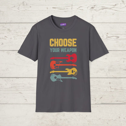 Guitar T-Shirt with 'Choose Your Weapon' Slogan