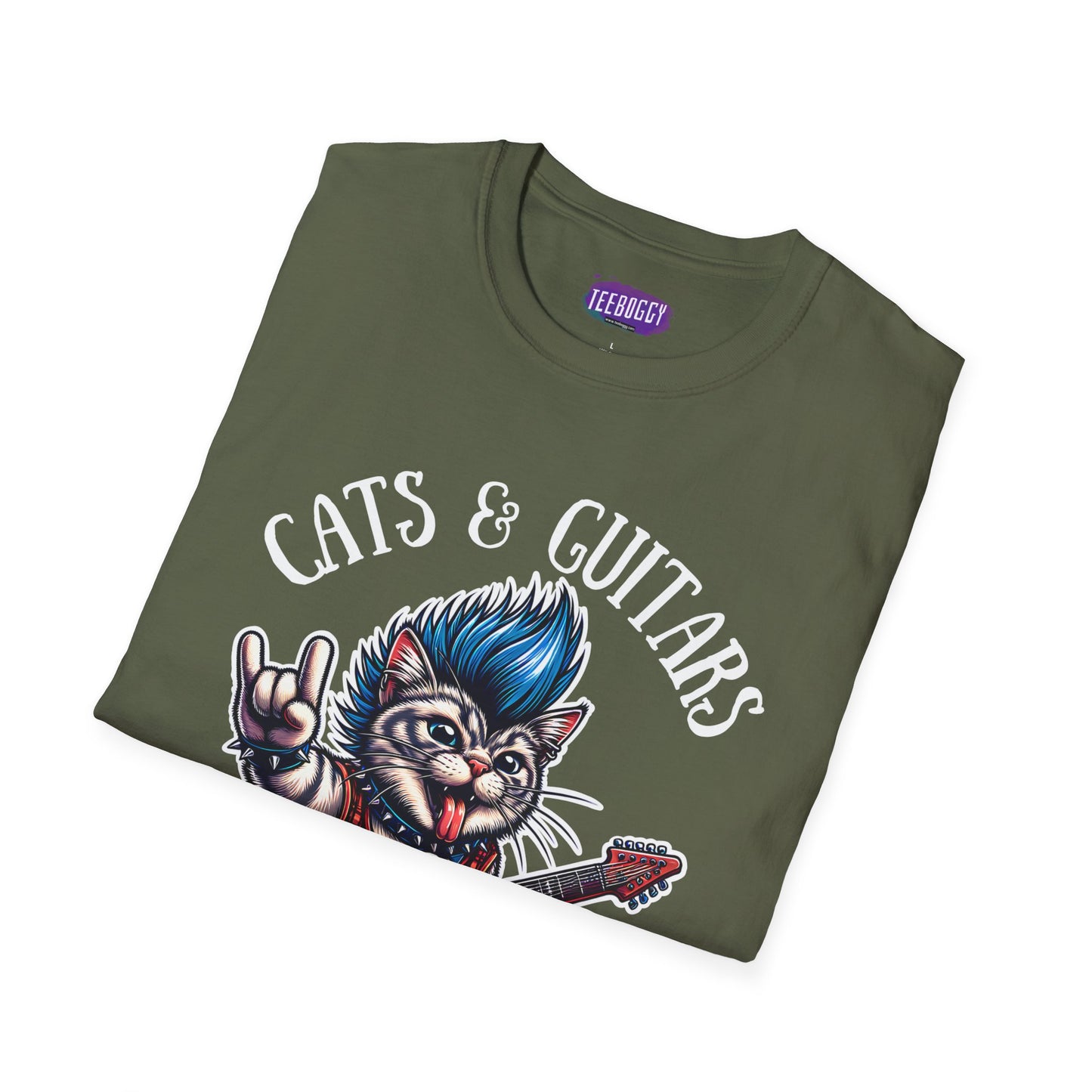 Rocker Cat T-Shirt with 'Cats & Guitars Rock My World' Slogan