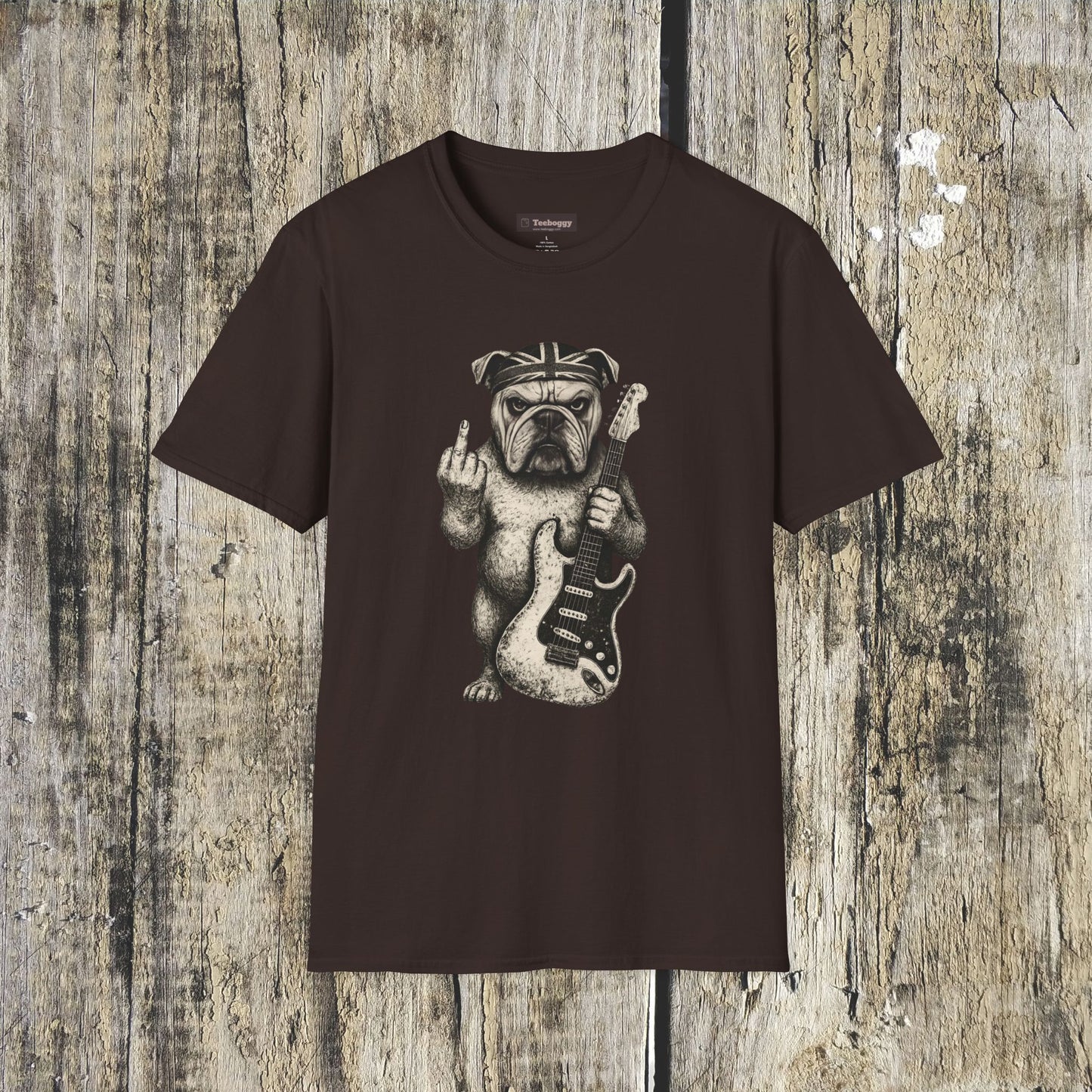 Bulldog Rock Rebel T-Shirt — Guitar-Slinging Middle Finger Design