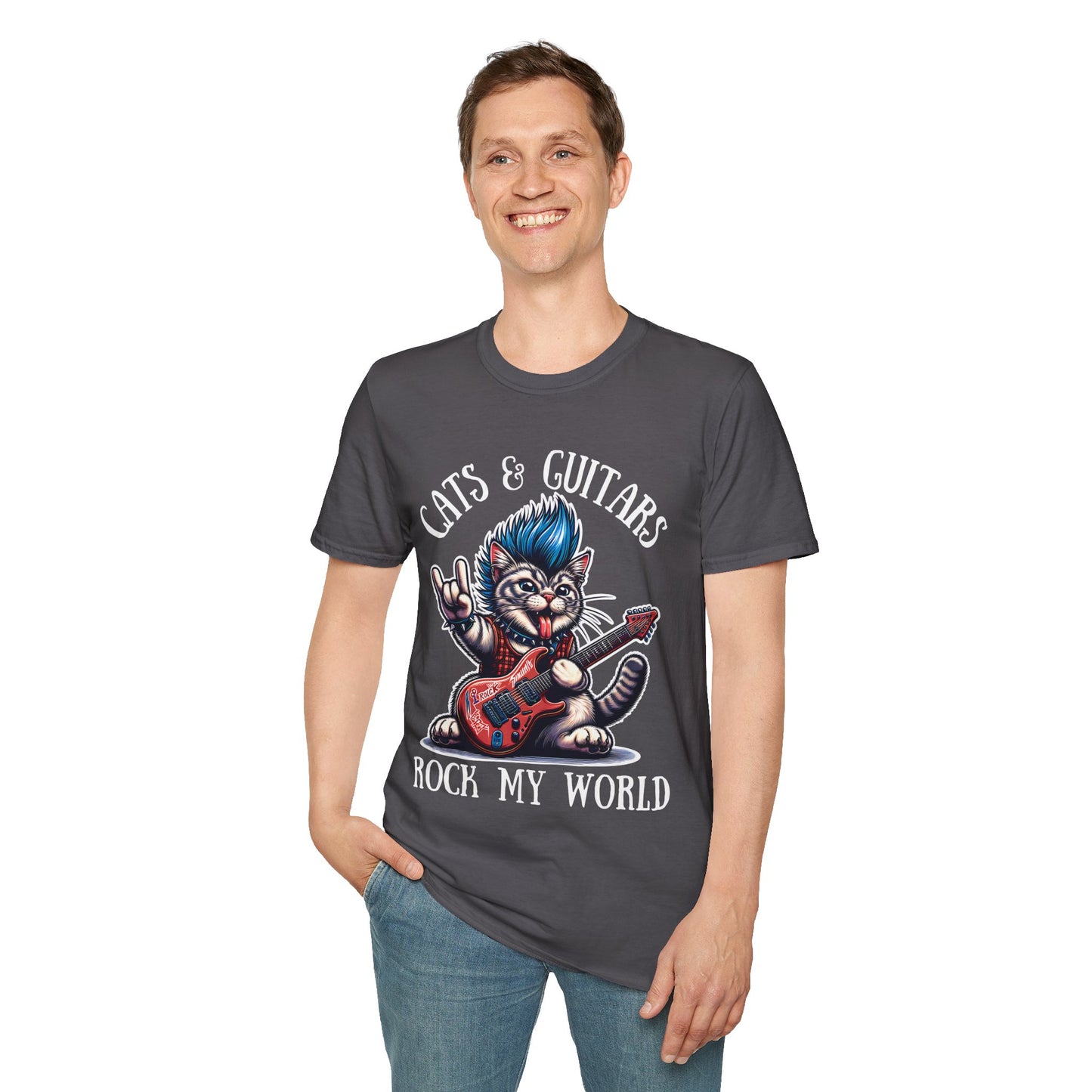 Rocker Cat T-Shirt with 'Cats & Guitars Rock My World' Slogan