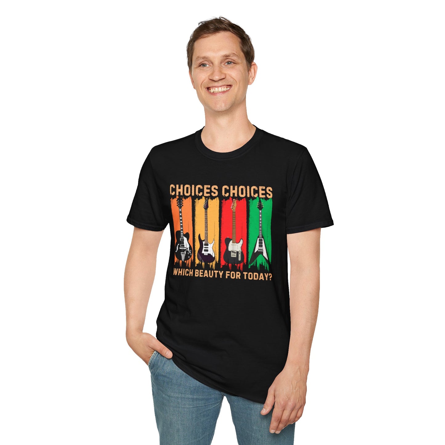 Rock Guitar T‑Shirt — "Choices Choices, Which Beauty for Today" Retro Guitar Types
