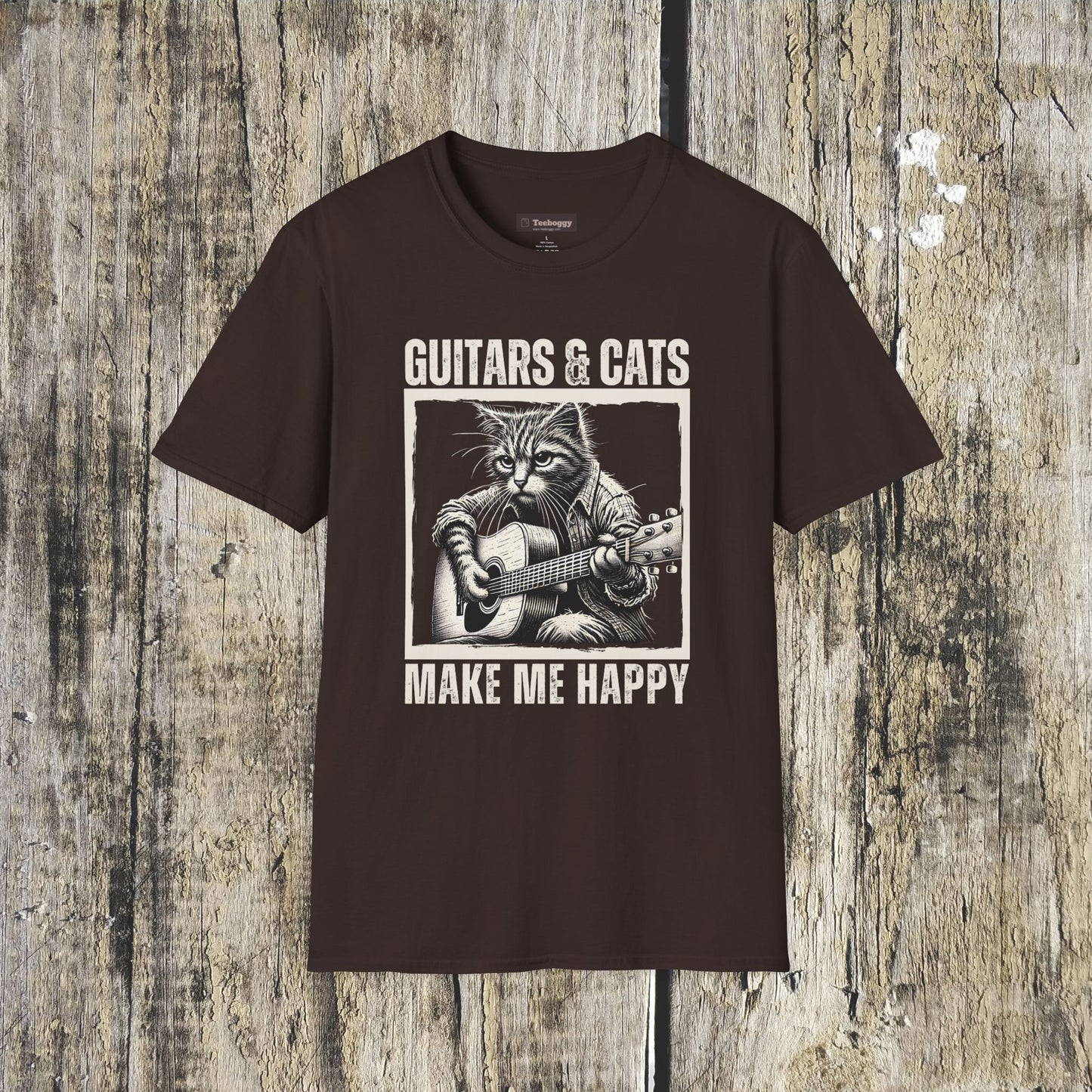 Guitars & Cats Make Me Happy T-Shirt — Cool Cat Playing Guitar Tee