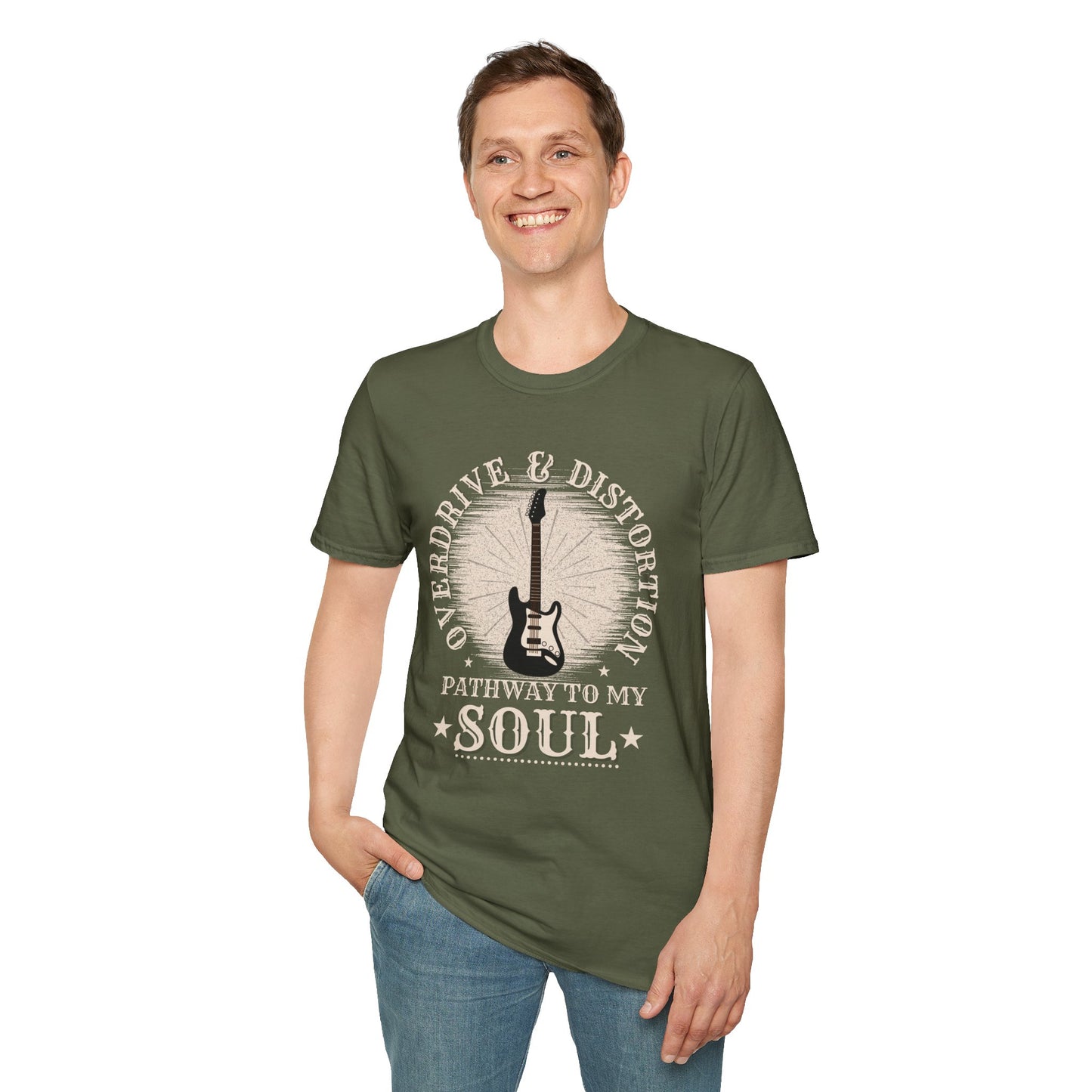 Overdrive & Distortion Guitar T-Shirt — Retro Stratocaster Design