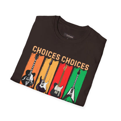 Rock Guitar T‑Shirt — "Choices Choices, Which Beauty for Today" Retro Guitar Types
