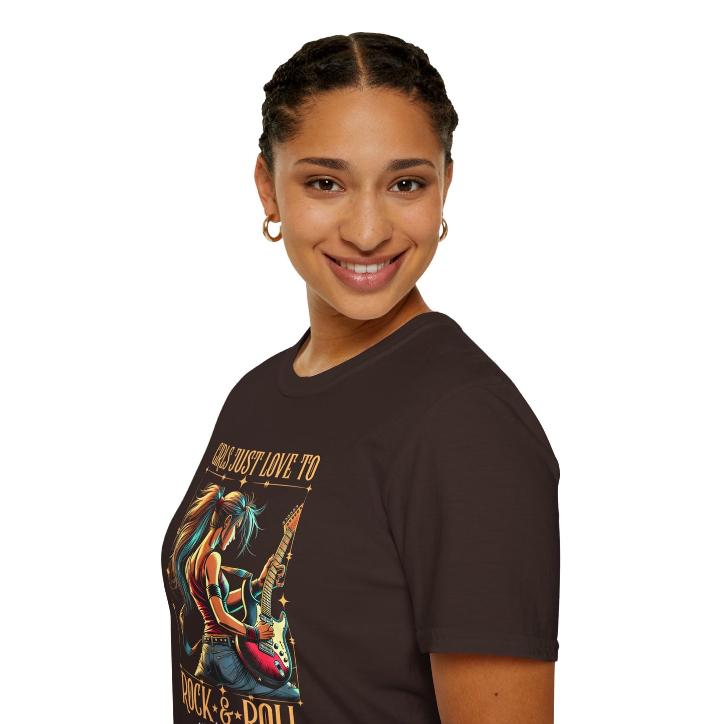 Girls Just Love to Rock & Roll T-Shirt — Female Guitarist Rock Tee