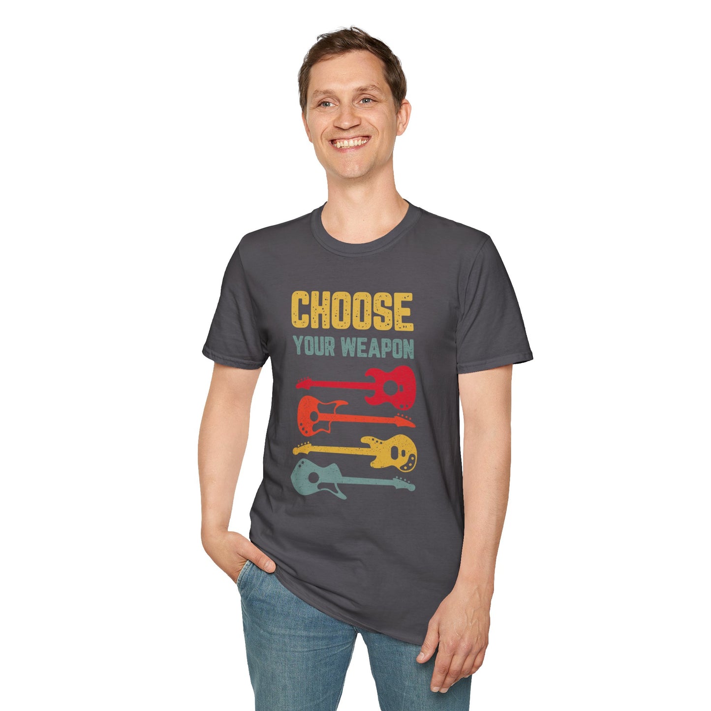 Guitar T-Shirt with 'Choose Your Weapon' Slogan