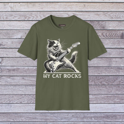 My Cat Rocks T-Shirt — Cat Playing Guitar Tee for Music Lovers
