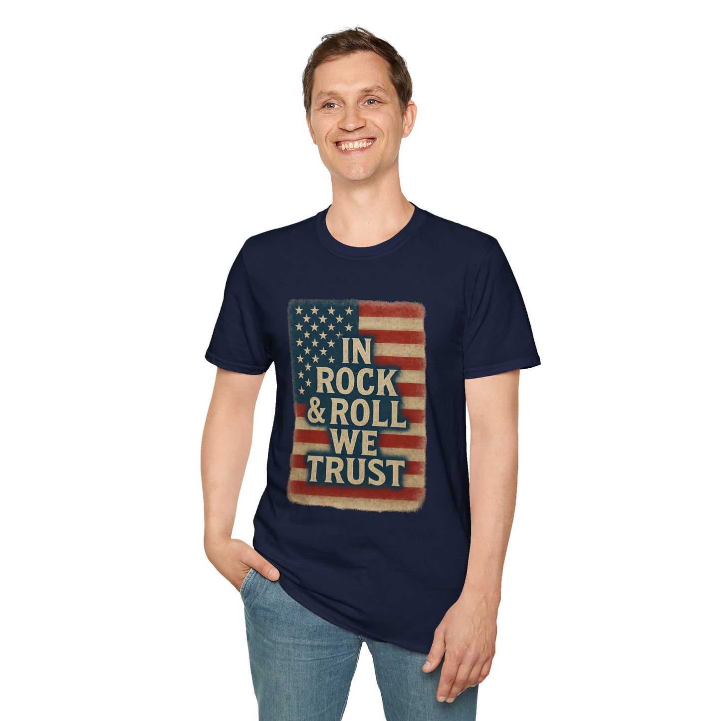 Rock & Roll T-Shirt — "In Rock & Roll We Trust" USA Flag Patriotic Tee