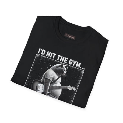 Fat Cat Guitarist T-Shirt — "I'd Hit the Gym, But Guitar Takes All My Time" Humorous Tee