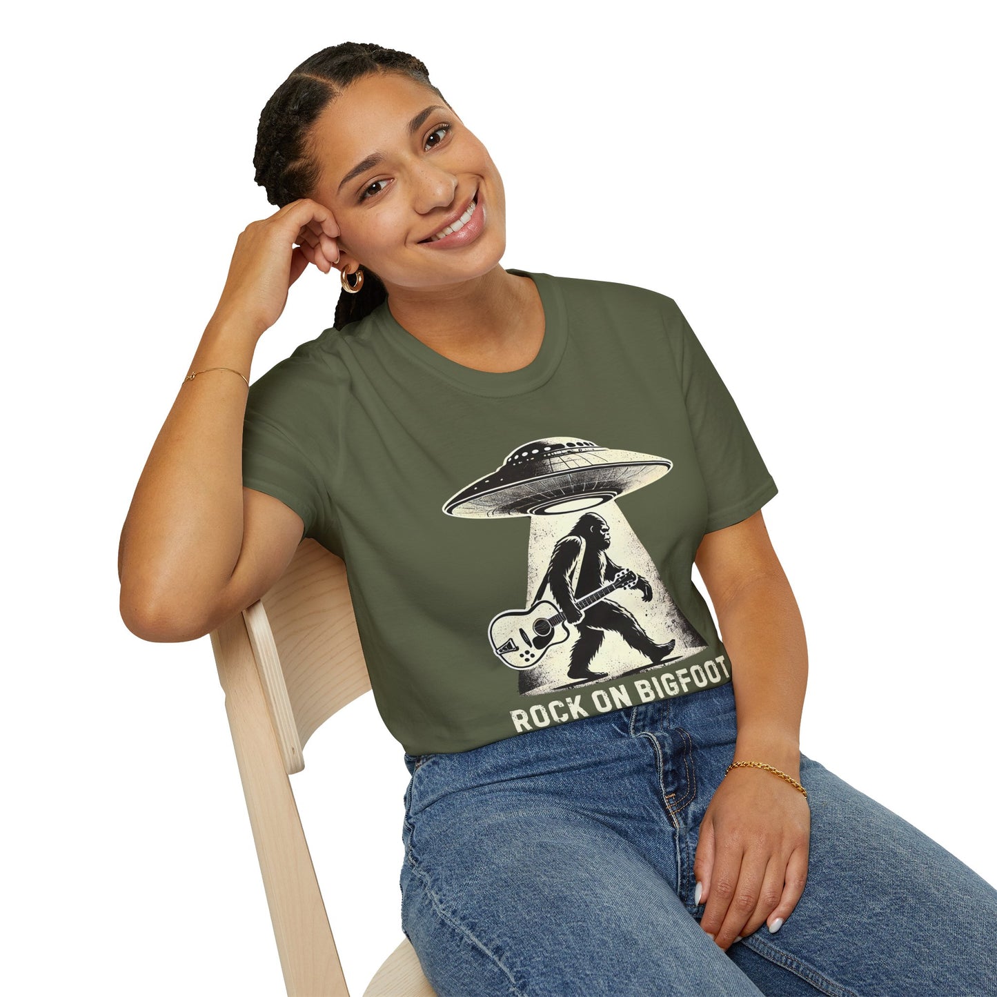 Bigfoot Guitar Tee — UFO Searchlight Humorous Sasquatch T-Shirt